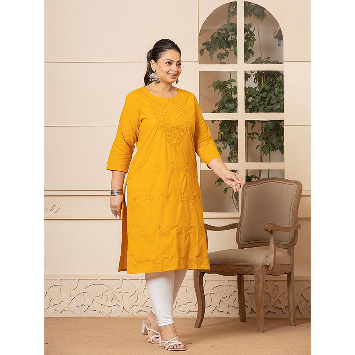 Yufta Women Mustard Embroidered Cotton Straight Fit Kurta