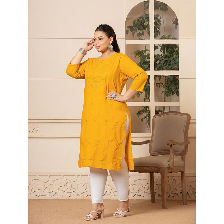 Yufta Women Mustard Embroidered Cotton Straight Fit Kurta