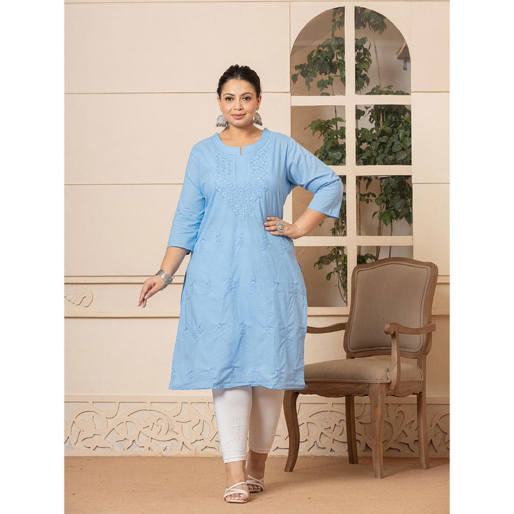 Yufta Women Blue Embroidered Cotton Straight Fit Kurta