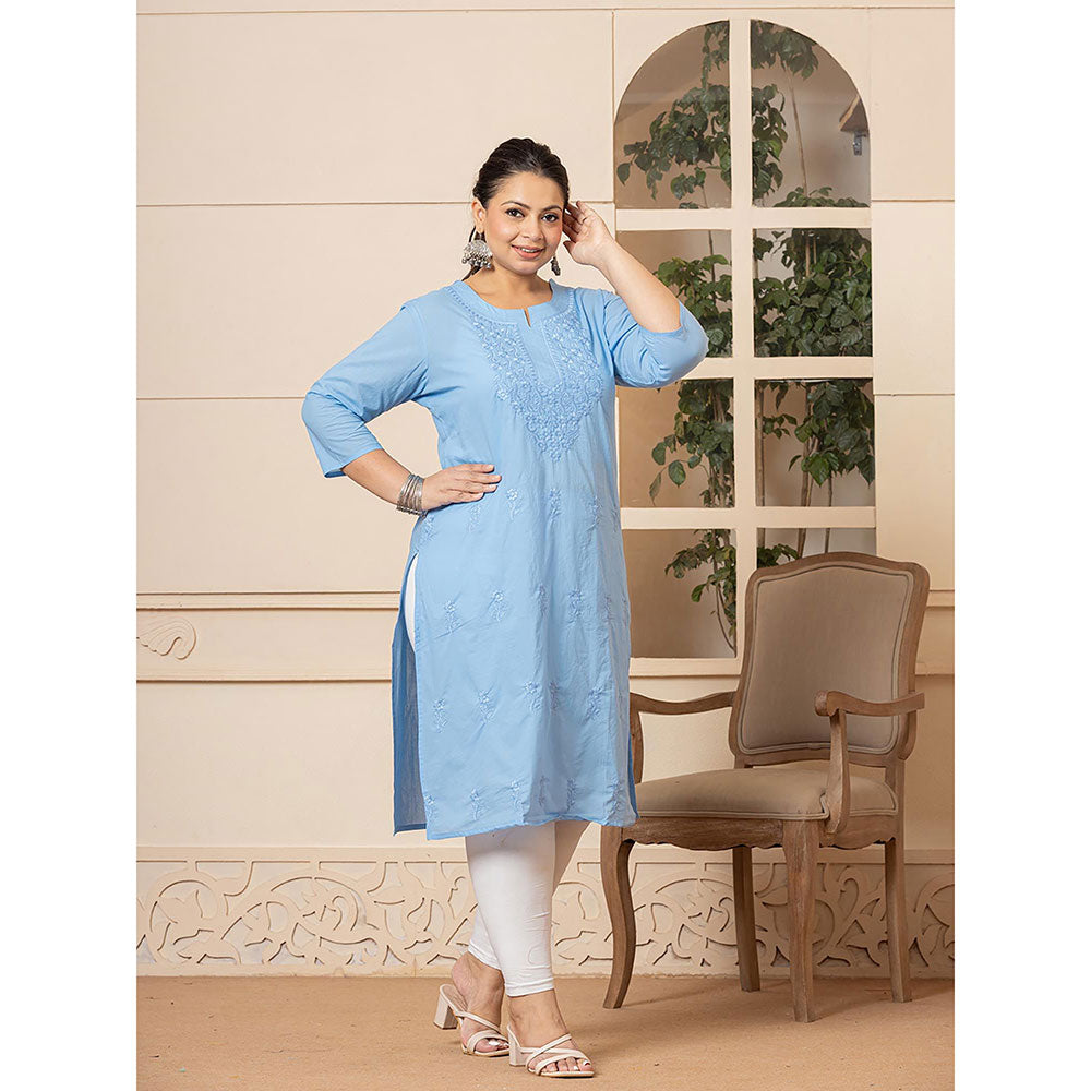 Yufta Women Blue Embroidered Cotton Straight Fit Kurta