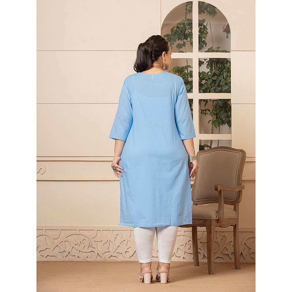 Yufta Women Blue Embroidered Cotton Straight Fit Kurta