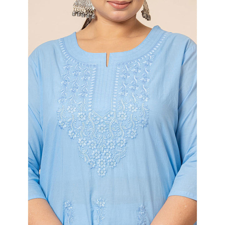 Yufta Women Blue Embroidered Cotton Straight Fit Kurta