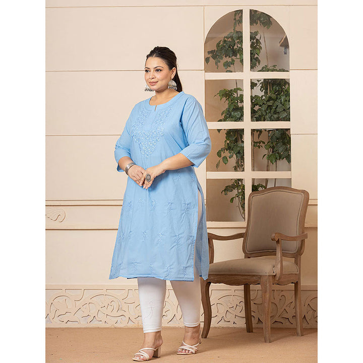 Yufta Women Blue Embroidered Cotton Straight Fit Kurta