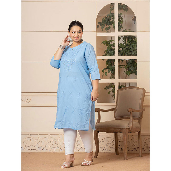 Yufta Women Blue Embroidered Cotton Straight Fit Kurta