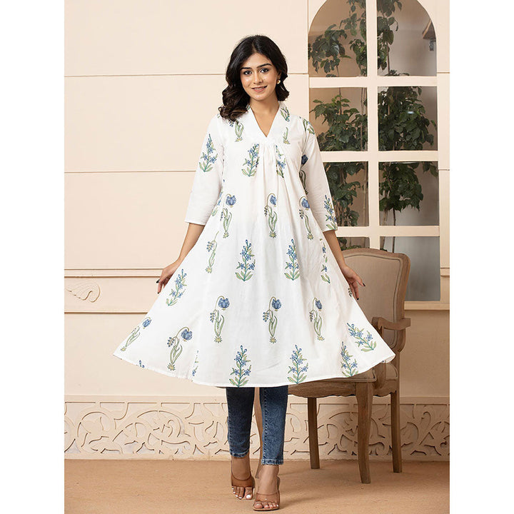 Yufta Women Blue Floral Printed Cotton A-Line Kurta