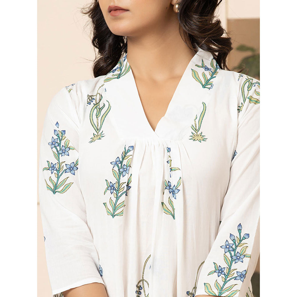 Yufta Women Blue Floral Printed Cotton A-Line Kurta