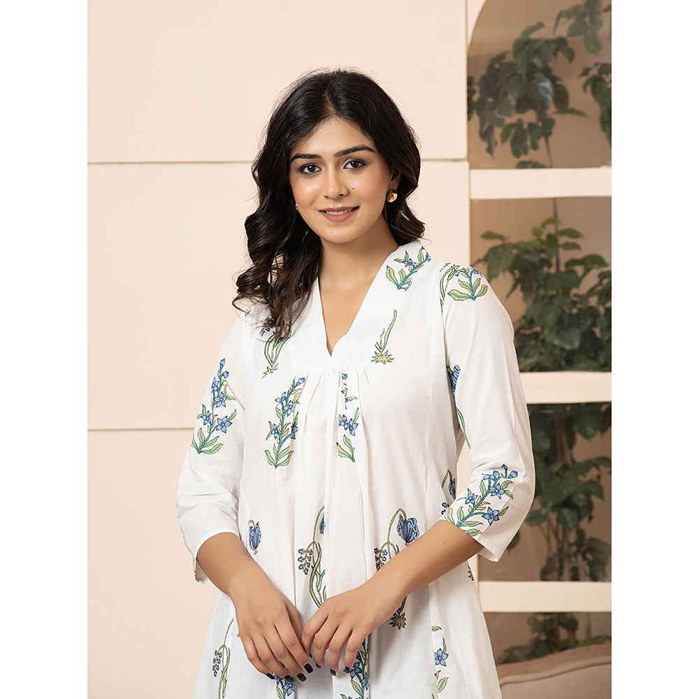 Yufta Women Blue Floral Printed Cotton A-Line Kurta