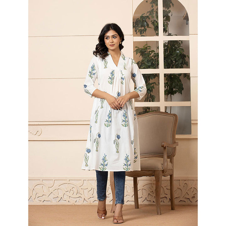 Yufta Women Blue Floral Printed Cotton A-Line Kurta