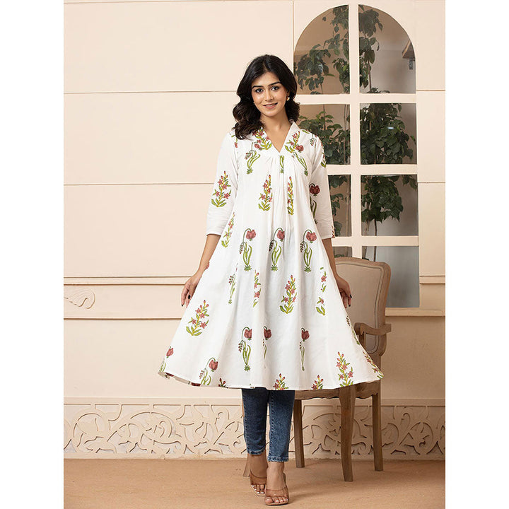 Yufta Women Pink Floral Printed Cotton A-Line Kurta