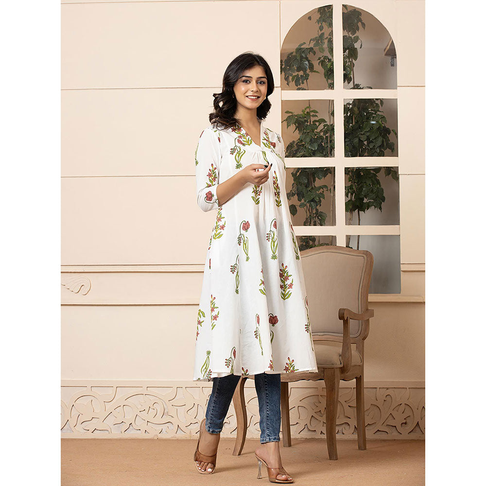 Yufta Women Pink Floral Printed Cotton A-Line Kurta