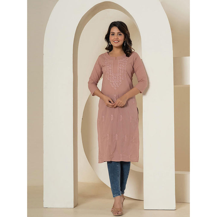 Yufta Women Mauve Embroidered Cotton Straight Fit Kurta