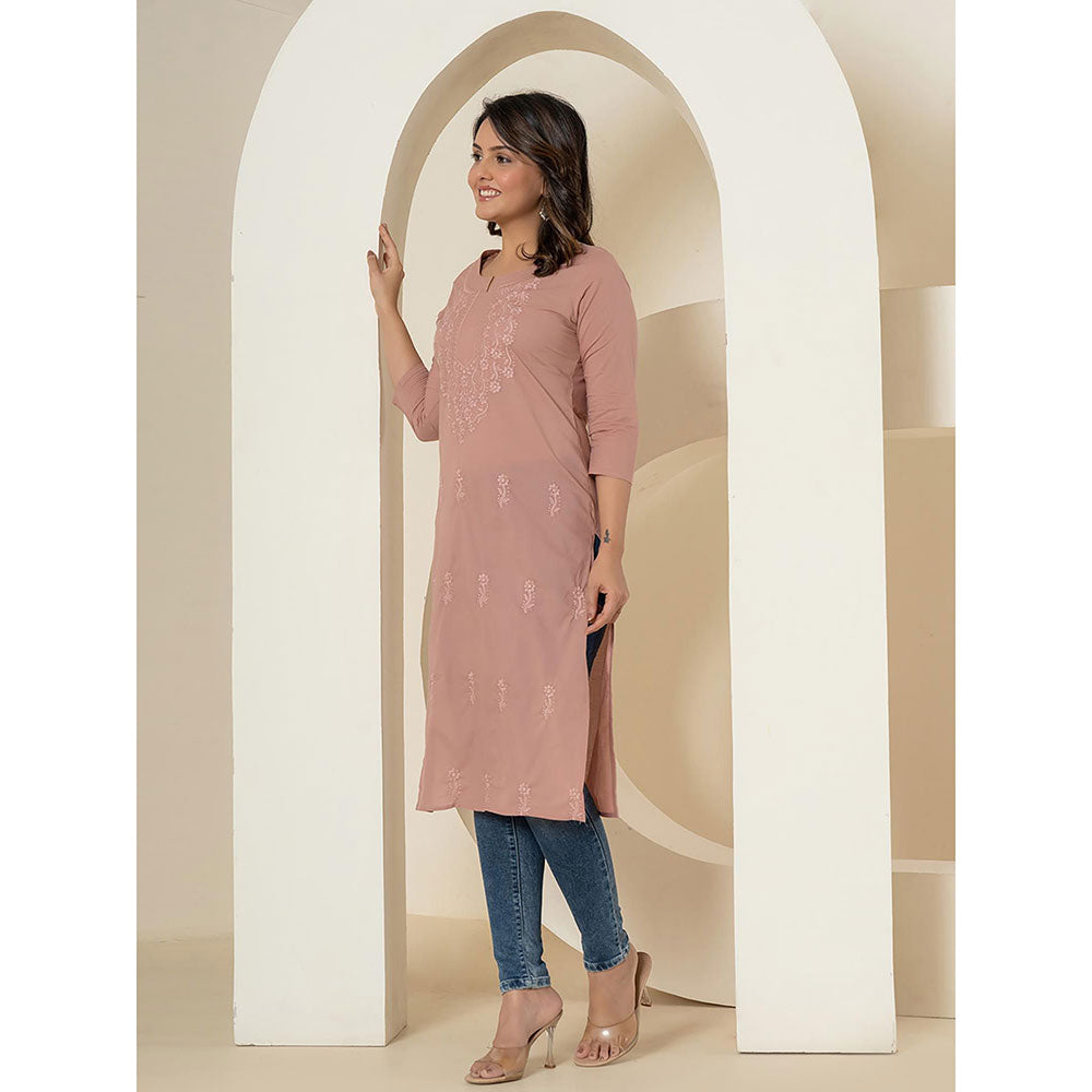 Yufta Women Mauve Embroidered Cotton Straight Fit Kurta