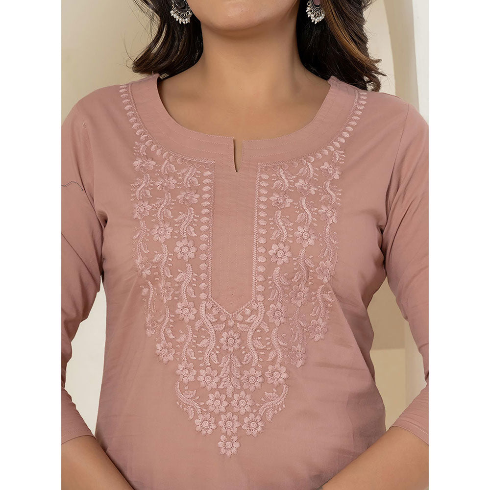 Yufta Women Mauve Embroidered Cotton Straight Fit Kurta