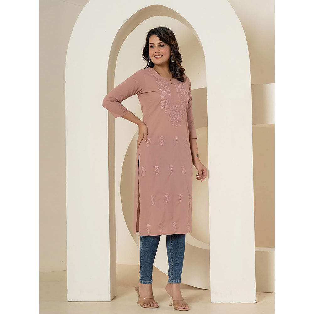 Yufta Women Mauve Embroidered Cotton Straight Fit Kurta