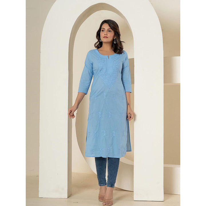 Yufta Women Blue Embroidered Cotton Straight Fit Kurta