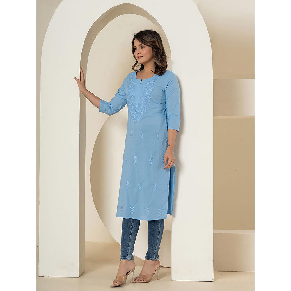 Yufta Women Blue Embroidered Cotton Straight Fit Kurta