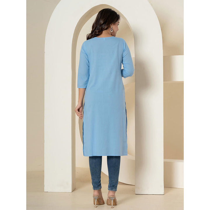 Yufta Women Blue Embroidered Cotton Straight Fit Kurta