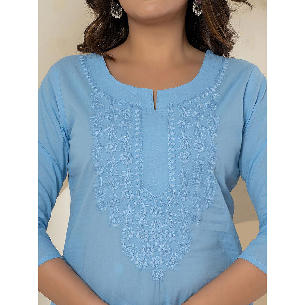 Yufta Women Blue Embroidered Cotton Straight Fit Kurta