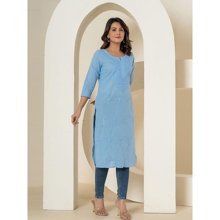 Yufta Women Blue Embroidered Cotton Straight Fit Kurta