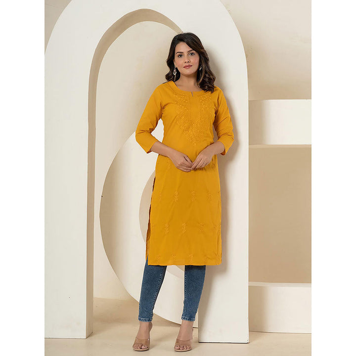 Yufta Women Mustard Embroidered Cotton Straight Fit Kurta