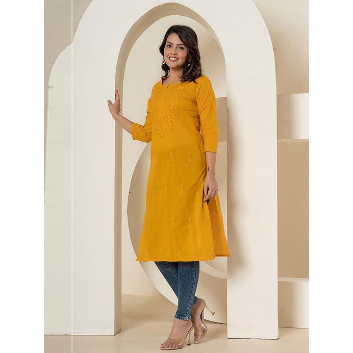 Yufta Women Mustard Embroidered Cotton Straight Fit Kurta