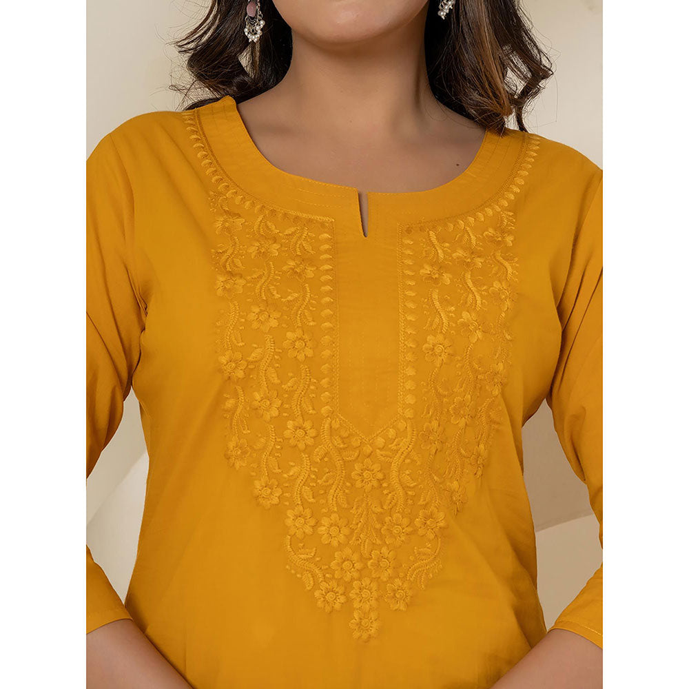 Yufta Women Mustard Embroidered Cotton Straight Fit Kurta