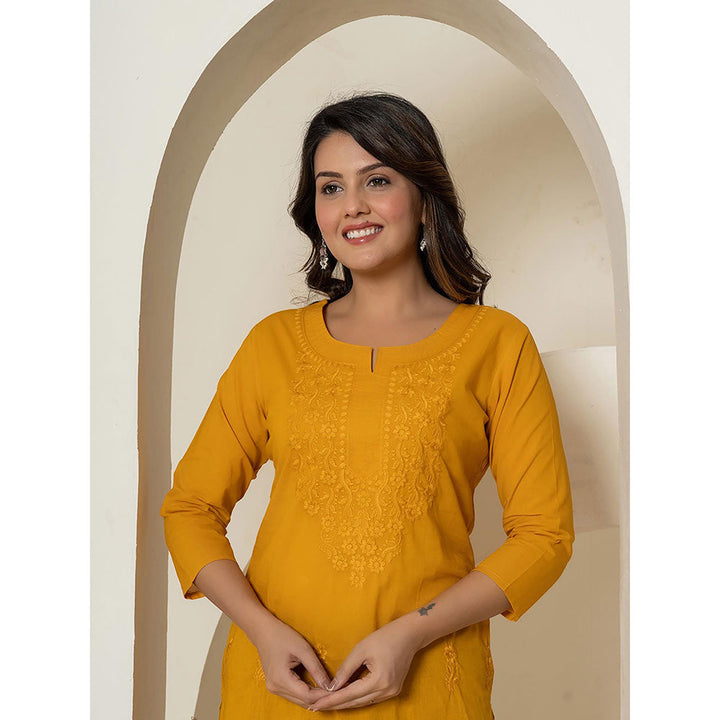 Yufta Women Mustard Embroidered Cotton Straight Fit Kurta