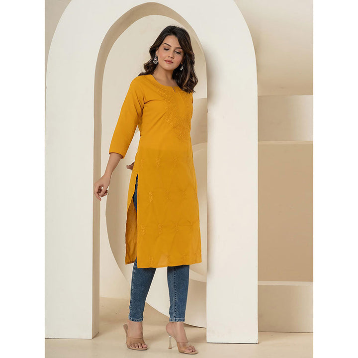 Yufta Women Mustard Embroidered Cotton Straight Fit Kurta