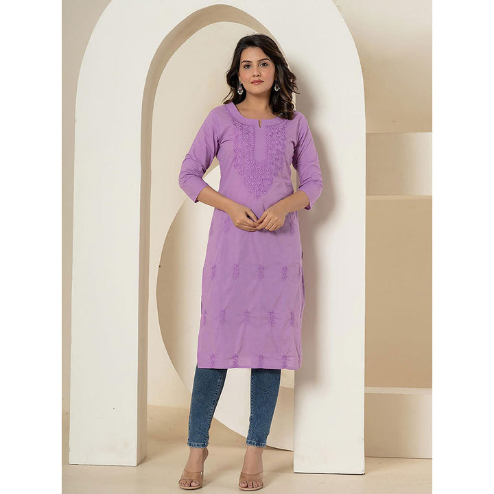 Yufta Women Lavender Embroidered Cotton Straight Fit Kurta