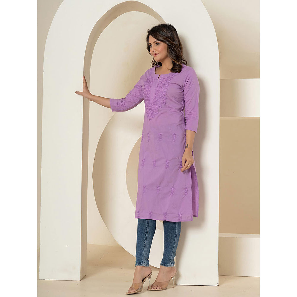 Yufta Women Lavender Embroidered Cotton Straight Fit Kurta