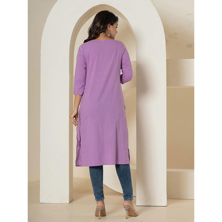 Yufta Women Lavender Embroidered Cotton Straight Fit Kurta