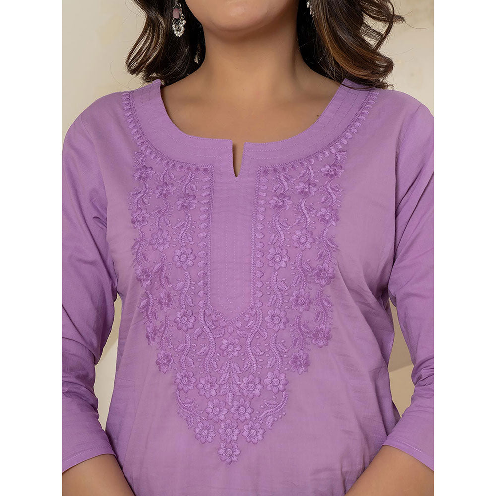 Yufta Women Lavender Embroidered Cotton Straight Fit Kurta