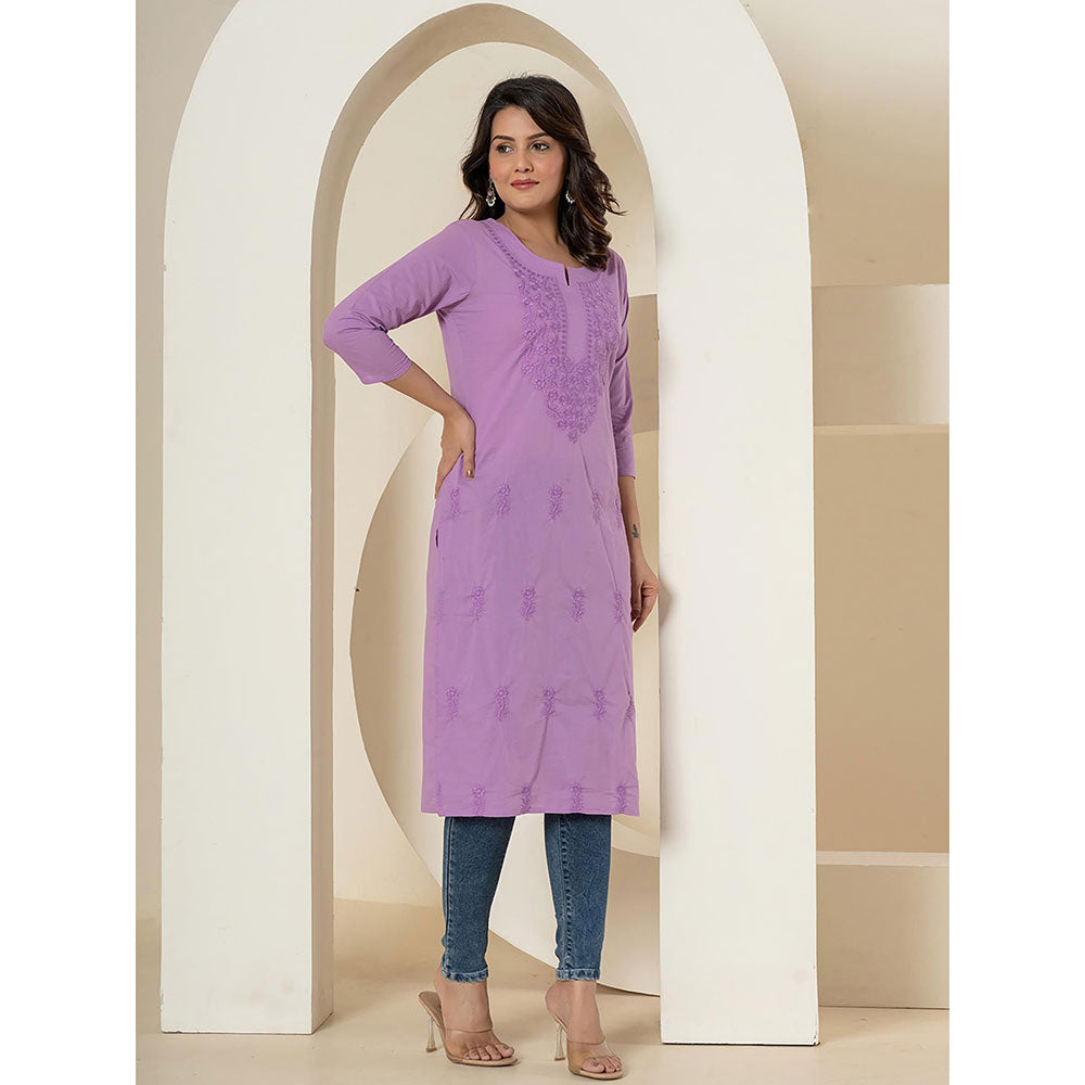 Yufta Women Lavender Embroidered Cotton Straight Fit Kurta