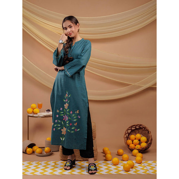 Yufta Women Teal Floral Cotton Straight Fit Kurta