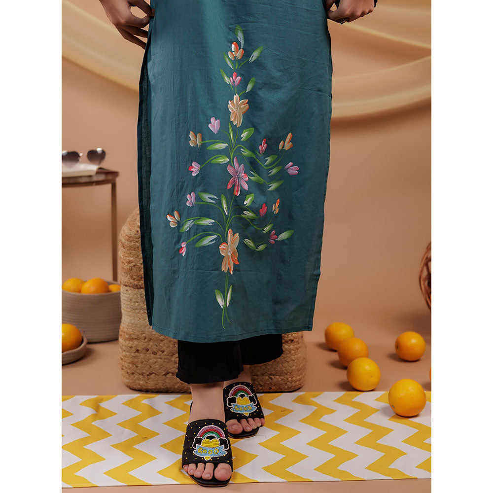 Yufta Women Teal Floral Cotton Straight Fit Kurta