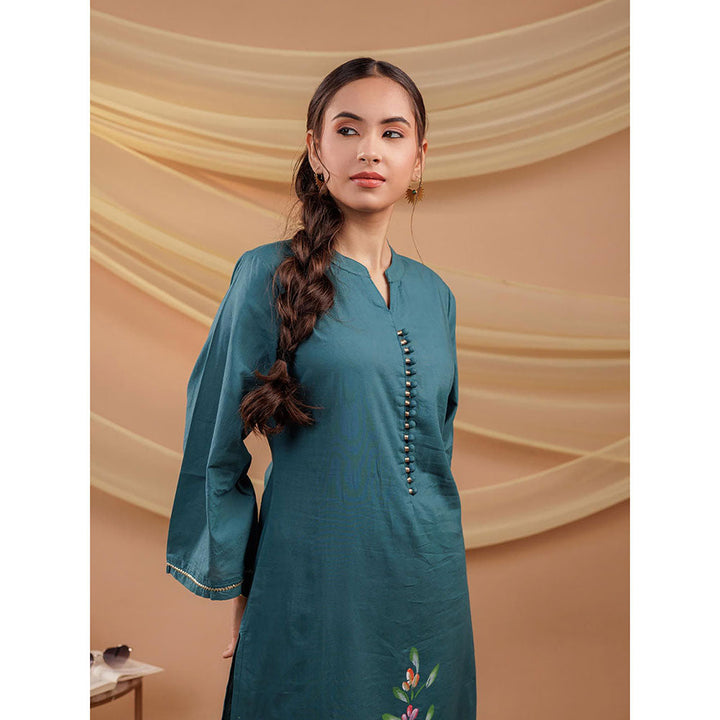 Yufta Women Teal Floral Cotton Straight Fit Kurta