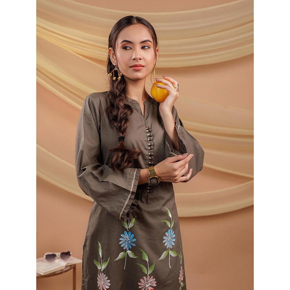 Yufta Women Olive Floral Cotton Straight Fit Kurta