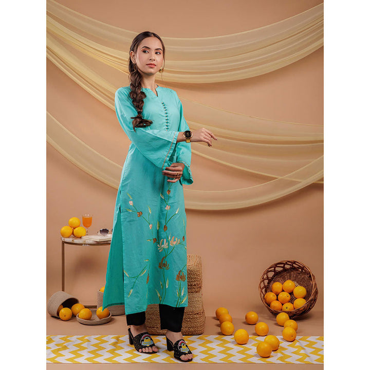 Yufta Women Green Floral Cotton Straight Fit Kurta