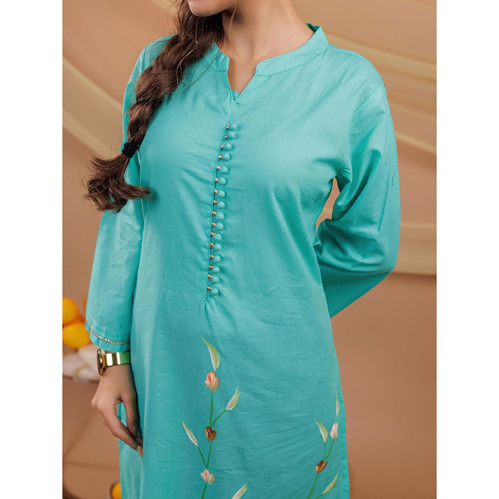 Yufta Women Green Floral Cotton Straight Fit Kurta