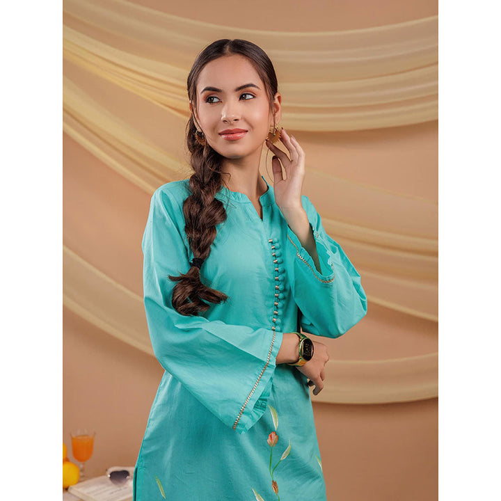 Yufta Women Green Floral Cotton Straight Fit Kurta