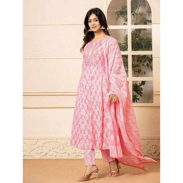 Yufta Pink Embroidered Pure Cotton Anarkali Kurta Trousers with Dupatta (Set of 3)