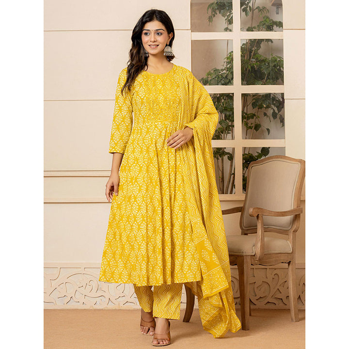 Yufta Yellow Embroidered Anarkali Kurta Trousers with Dupatta (Set of 3)