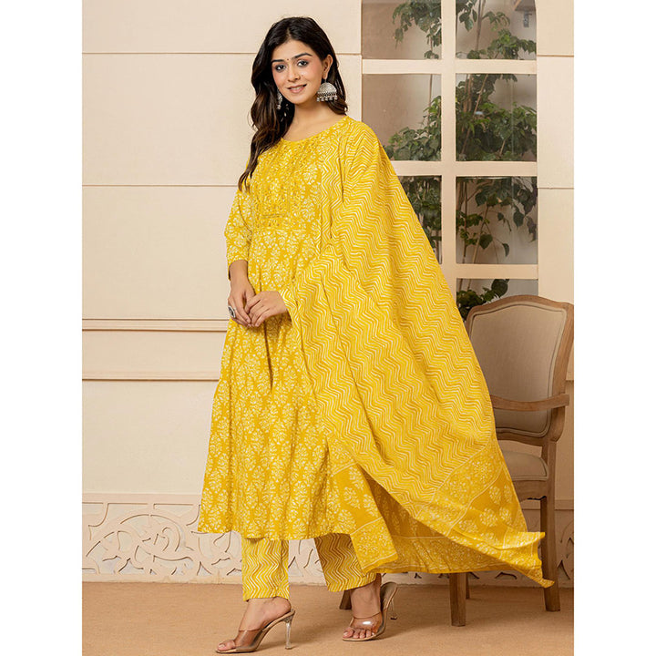 Yufta Yellow Embroidered Anarkali Kurta Trousers with Dupatta (Set of 3)