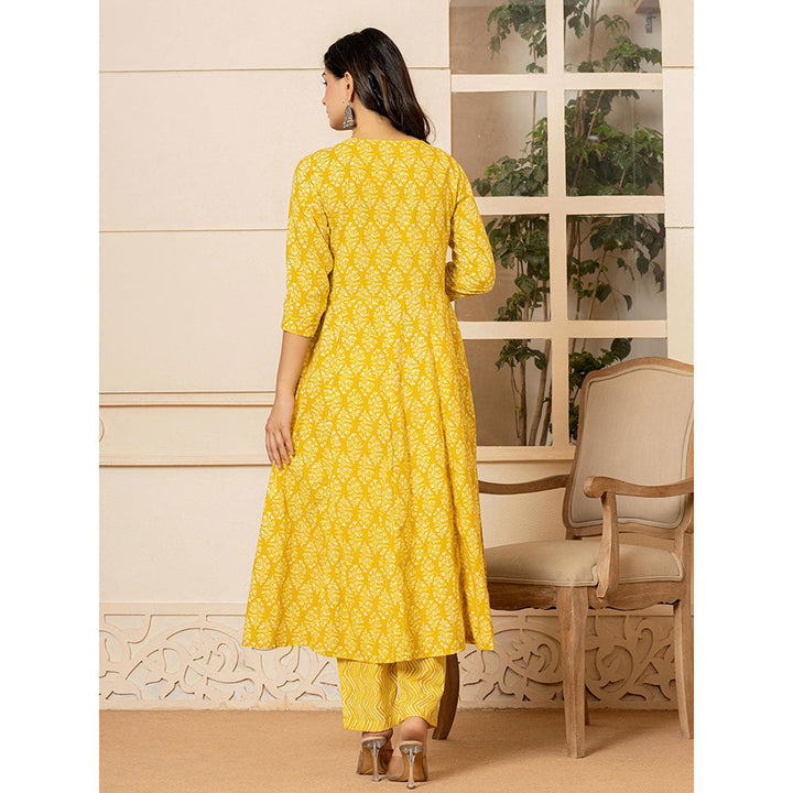 Yufta Yellow Embroidered Anarkali Kurta Trousers with Dupatta (Set of 3)