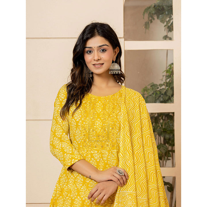 Yufta Yellow Embroidered Anarkali Kurta Trousers with Dupatta (Set of 3)