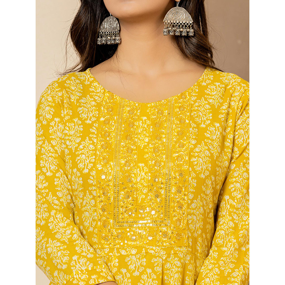 Yufta Yellow Embroidered Anarkali Kurta Trousers with Dupatta (Set of 3)