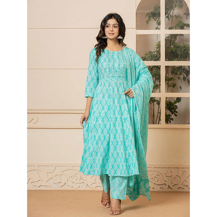 Yufta Turquoise Embroidered Anarkali Kurta Trousers with Dupatta (Set of 3)