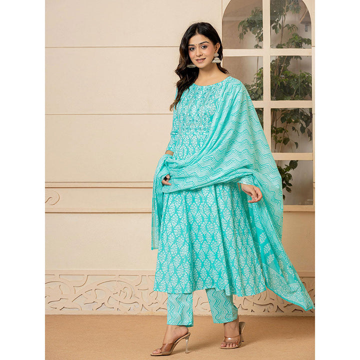 Yufta Turquoise Embroidered Anarkali Kurta Trousers with Dupatta (Set of 3)