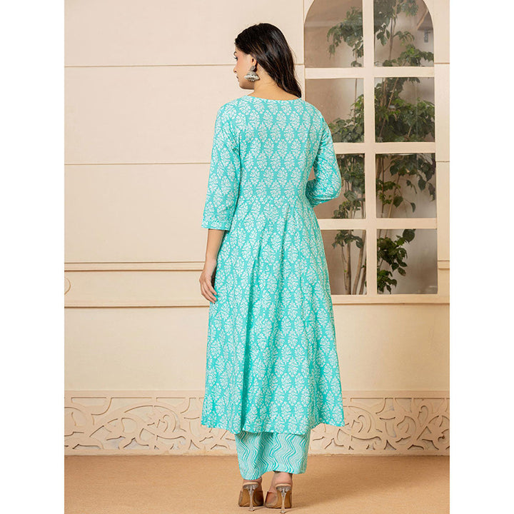 Yufta Turquoise Embroidered Anarkali Kurta Trousers with Dupatta (Set of 3)