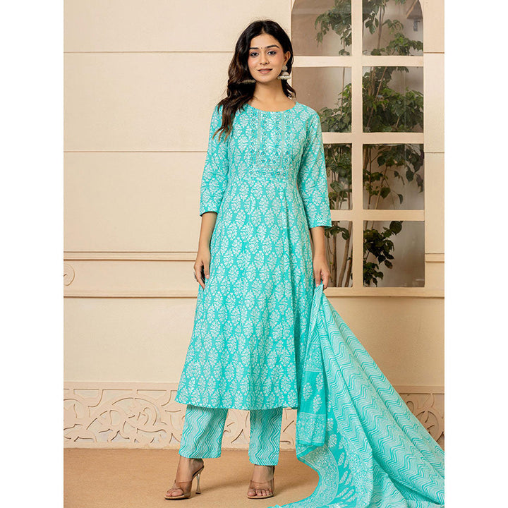 Yufta Turquoise Embroidered Anarkali Kurta Trousers with Dupatta (Set of 3)